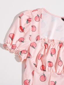 SHEIN Qutie Peach Print Frill Trim Ruched Bust Tee - Baby Pink - View 6