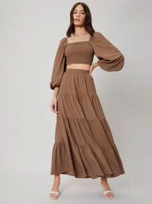 SHEIN Shirred Top & Layered Skirt Set - Coffee Brown - View 1