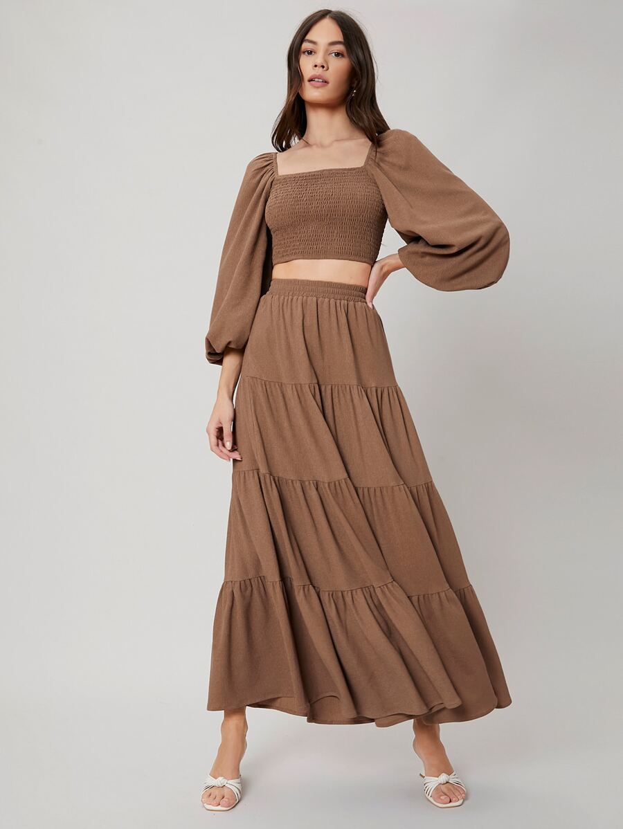 SHEIN Shirred Top & Layered Skirt Set - Coffee Brown - View 1