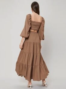 SHEIN Shirred Top & Layered Skirt Set - Coffee Brown - View 2