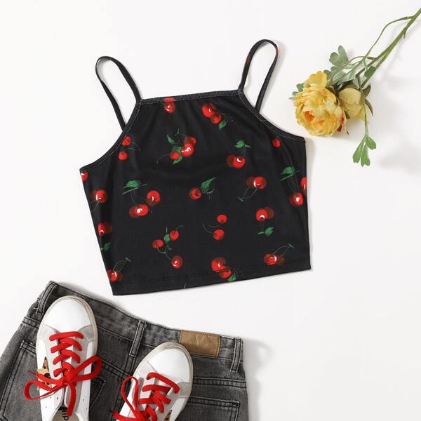 

Cherry Print Crop Cami Top, Black