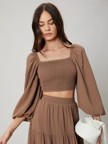 SHEIN Shirred Top & Layered Skirt Set - Coffee Brown - View 4