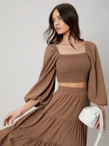 SHEIN Shirred Top & Layered Skirt Set - Coffee Brown - View 5