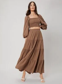 SHEIN Shirred Top & Layered Skirt Set - Coffee Brown - View 8