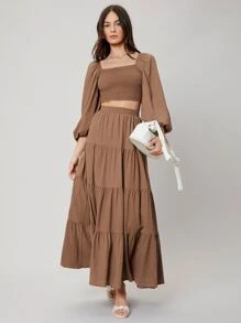 SHEIN Shirred Top & Layered Skirt Set - Coffee Brown - View 10
