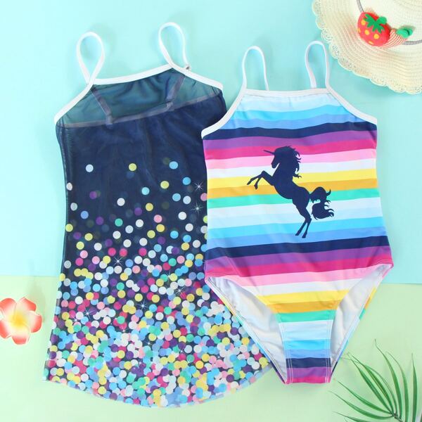 

Girls Unicorn Graphic One Piece Swimsuit & Cover Up, Multicolor