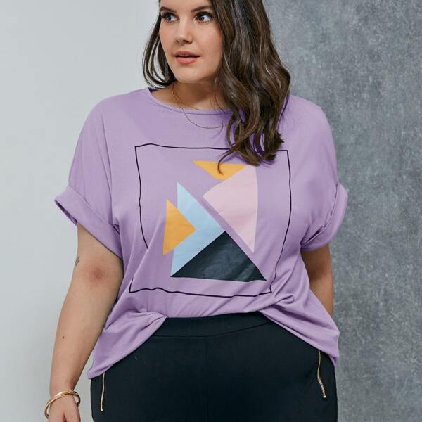 

Plus Geo Print Roll Up Sleeve Tee, Lilac purple