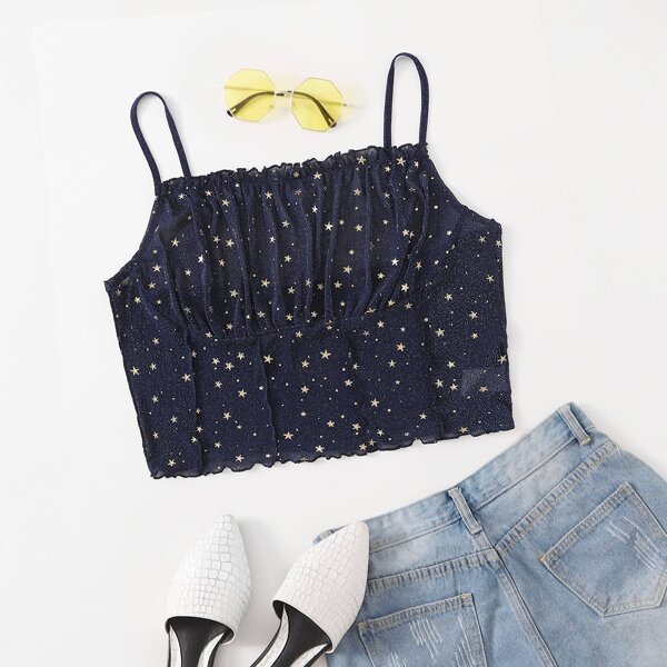 

Plus Lettuce Trim Galaxy Mesh Cami Top, Navy blue