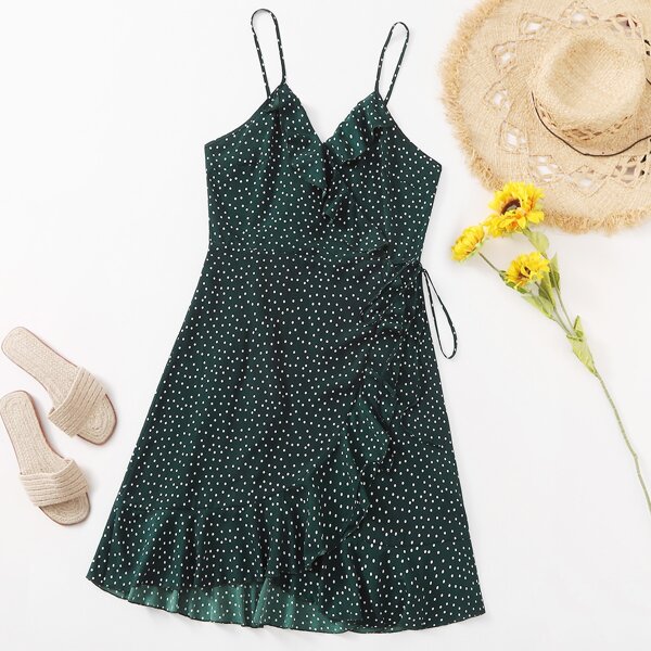 

Plus Ruffle Trim Wrap Tie Side Polka Dot Slip Dress, Dark green