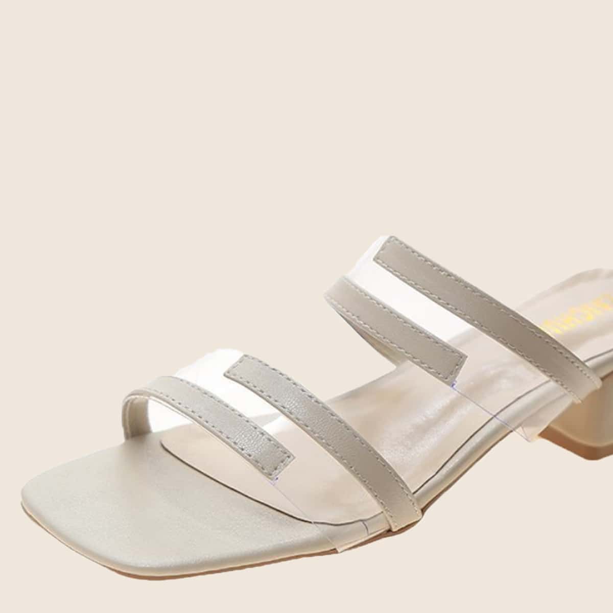 

Clear Strap Chunky Heeled Mules, Beige