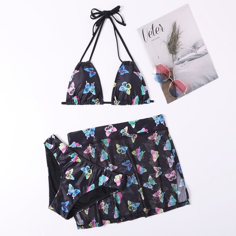 

3pack Butterfly Print Bikini Swimsuit & Mesh Skirt, Black