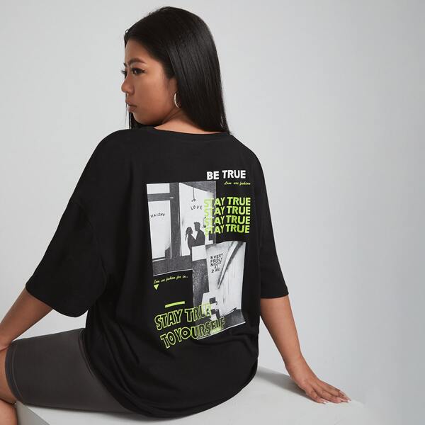 

Plus Slogan And Graphic Print Tee, Black
