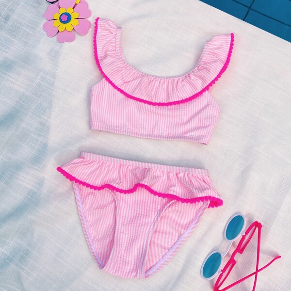 

Toddler Girls Pom-pom Trim Ruffle Bikini Swimsuit, Pink
