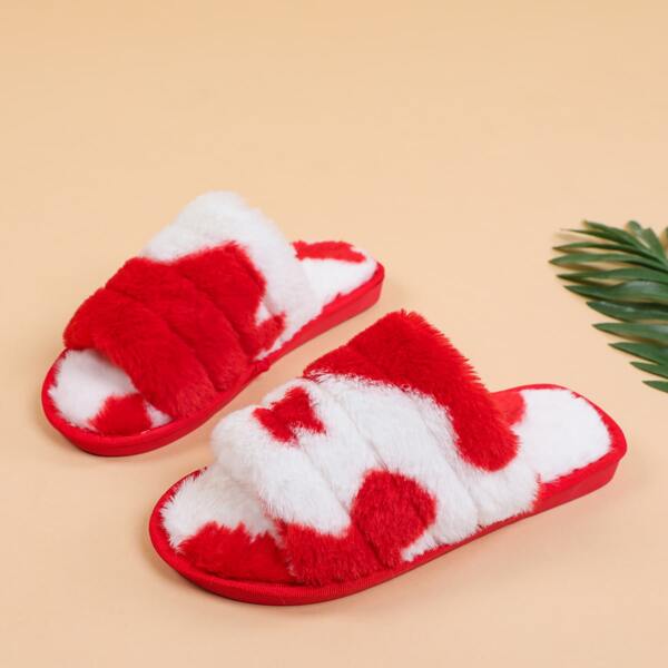 

Two Tone Cow Fluffy Slippers, Red and white