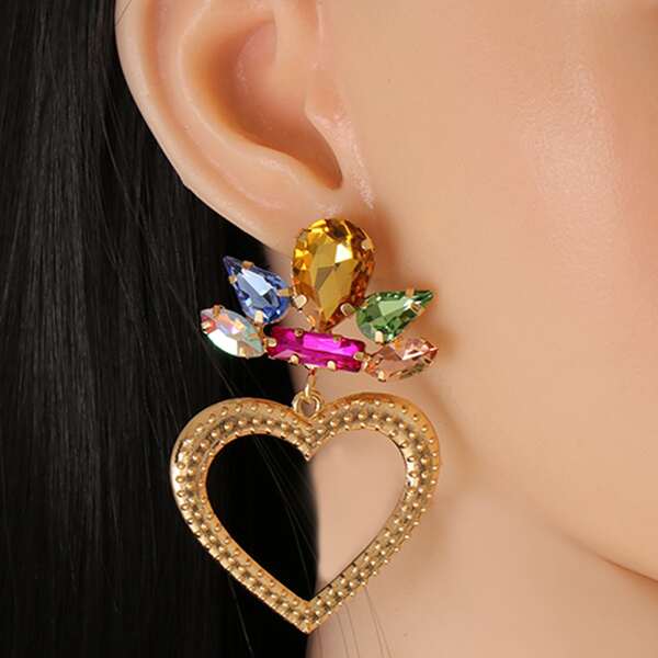 

Rhinestone & Heart Design Drop Earrings, Multicolor