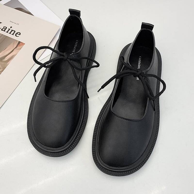 

Lace-up Front Mary Jane Flats, Black