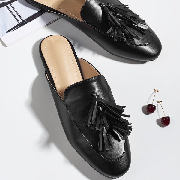 

Tassel Decor Flat Mules, Black