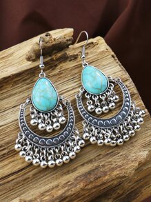 TopHanqi đôi Bông tai tua rua nhỏ đính cườm nhỏ theo phong cách cổ điển với đá ngọc lam dành cho nữ, thích hợp cho tất cả các mùa, cuộc sống hàng ngày, công việc, biểu diễn sân khấu, phụ kiện thời trang đường phố - Màu Bạc Cổ - Xem 1