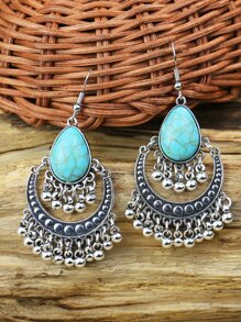 TopHanqi đôi Bông tai tua rua nhỏ đính cườm nhỏ theo phong cách cổ điển với đá ngọc lam dành cho nữ, thích hợp cho tất cả các mùa, cuộc sống hàng ngày, công việc, biểu diễn sân khấu, phụ kiện thời trang đường phố - Màu Bạc Cổ - Xem 2