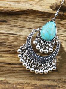 TopHanqi đôi Bông tai tua rua nhỏ đính cườm nhỏ theo phong cách cổ điển với đá ngọc lam dành cho nữ, thích hợp cho tất cả các mùa, cuộc sống hàng ngày, công việc, biểu diễn sân khấu, phụ kiện thời trang đường phố - Màu Bạc Cổ - Xem 3