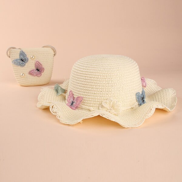 

Girls Butterfly Decor Straw Hat & Bag, Beige