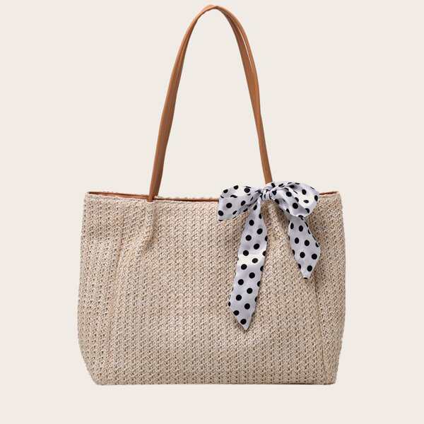 

Twilly Scarf Decor Straw Tote Bag, Khaki