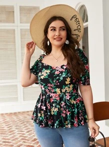 SHEIN Unity 大碼花卉雞心領荷葉邊下擺上衣 - 黑色 - 查看 1