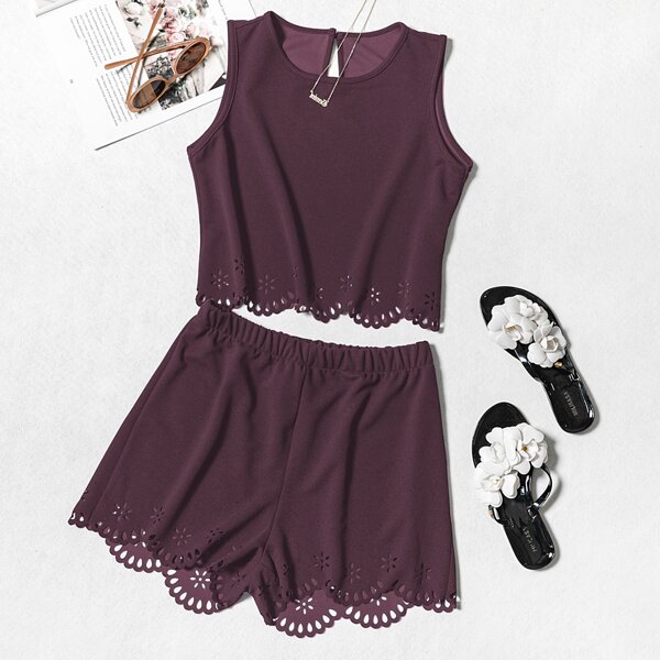 

Edge Laser Cut Tank Top & Shorts Set, Purple