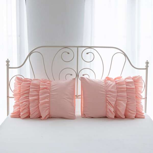 

1pair Plain Ruffle Trim Pillowcase Without Filler, Pink