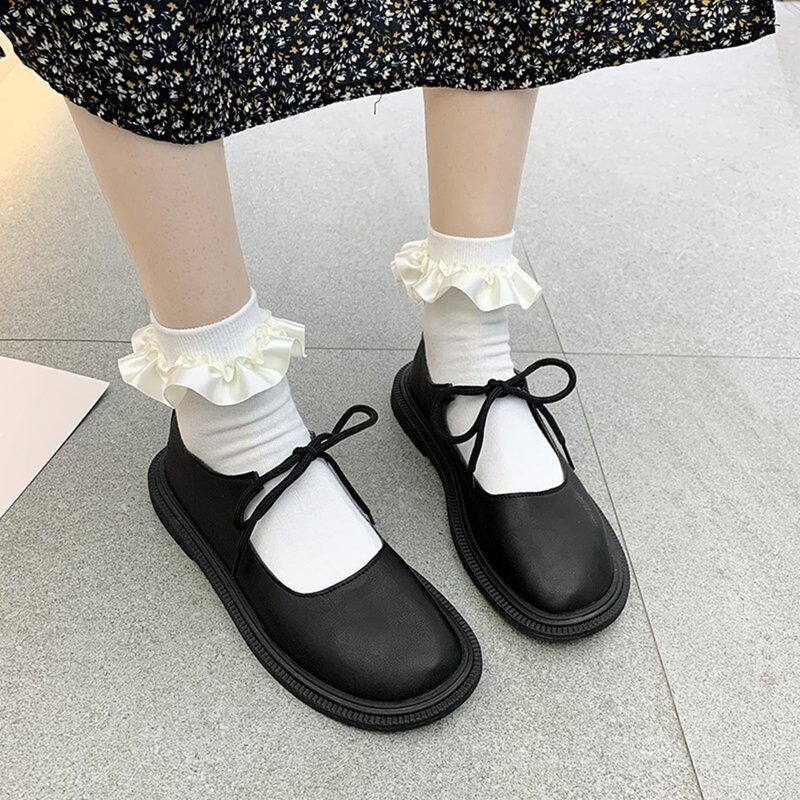

Lace-up Front Mary Jane Flats, Black