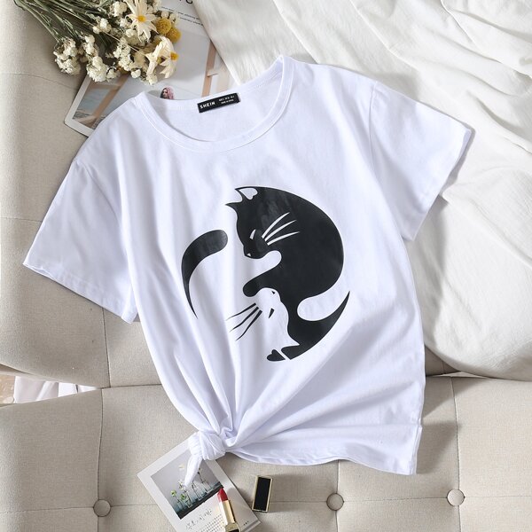 

Cat Print Round Neck Tee, White