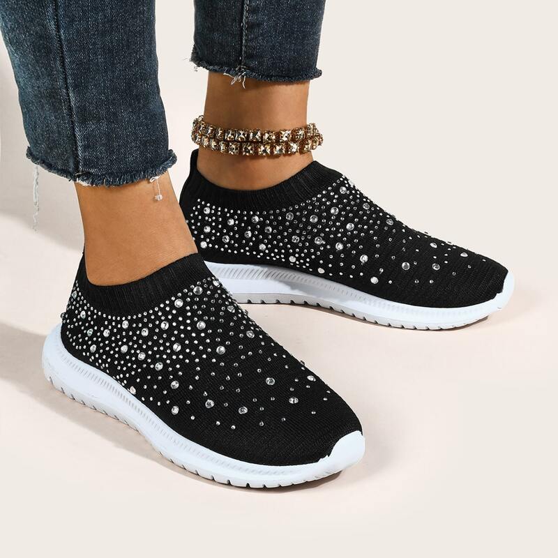 

Rhinestone Slip On Knit Sneakers, Black