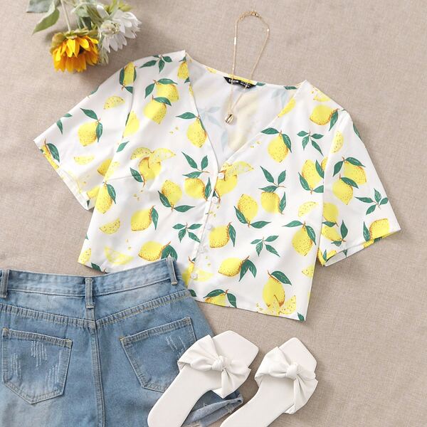 

Single Breasted Lemon Print Blouse, Multicolor