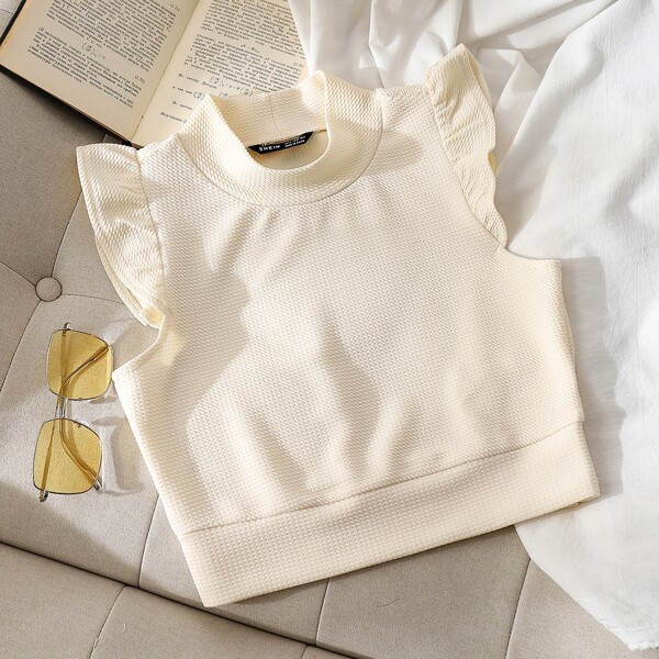 

Mock Neck Ruffle Detail Top, Apricot