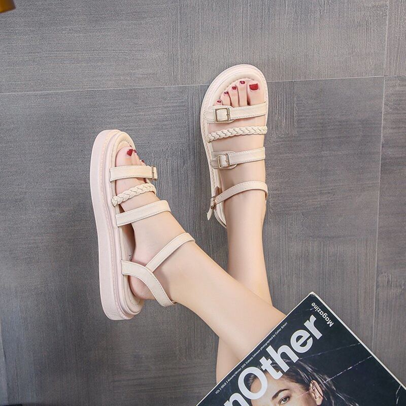 

Braided & Buckle Strap Flat Sandals, Beige