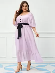 SHEIN Plus Lantern Sleeve Ruffle Hem Belted Dress - Lilac Purple - View 1
