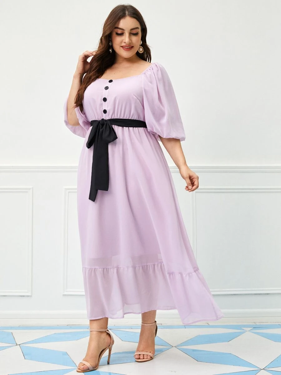 SHEIN Plus Lantern Sleeve Ruffle Hem Belted Dress - Lilac Purple - View 1
