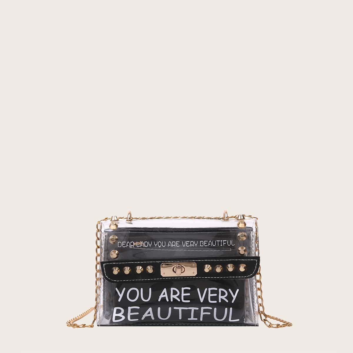 

Clear Letter Graphic Shoulder Bag With Inner Pouch, Black