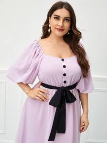 SHEIN Plus Lantern Sleeve Ruffle Hem Belted Dress - Lilac Purple - View 5