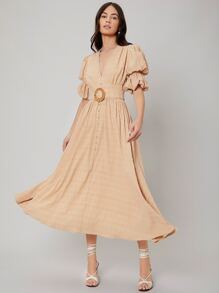 SHEIN Đầm Thắt lưng màu trơn Thanh lịch - Màu be - Xem 1