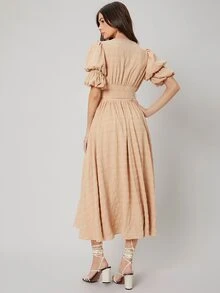 SHEIN Đầm Thắt lưng màu trơn Thanh lịch - Màu be - Xem 2