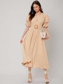 SHEIN Đầm Thắt lưng màu trơn Thanh lịch - Màu be - Xem 3