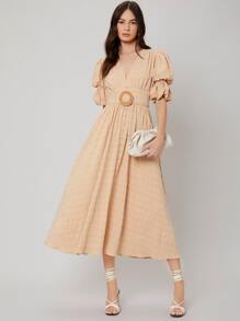 SHEIN Đầm Thắt lưng màu trơn Thanh lịch - Màu be - Xem 4