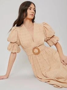 SHEIN Đầm Thắt lưng màu trơn Thanh lịch - Màu be - Xem 7