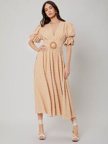 SHEIN Đầm Thắt lưng màu trơn Thanh lịch - Màu be - Xem 8