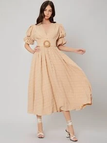 SHEIN Đầm Thắt lưng màu trơn Thanh lịch - Màu be - Xem 10