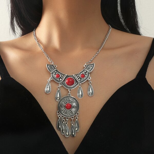 

Bohemian Round Tassel Charm Necklace, Red