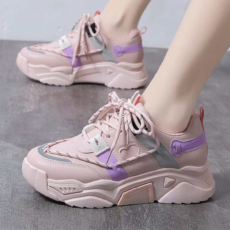 

Double Strap Lace-up Chunky Sneakers, Baby pink
