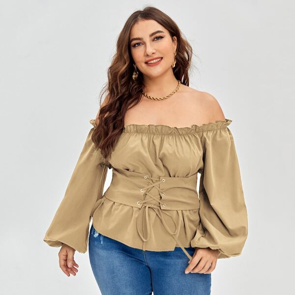 

Plus Corset Lace Up Bishop Sleeve Bardot Blouse, Khaki
