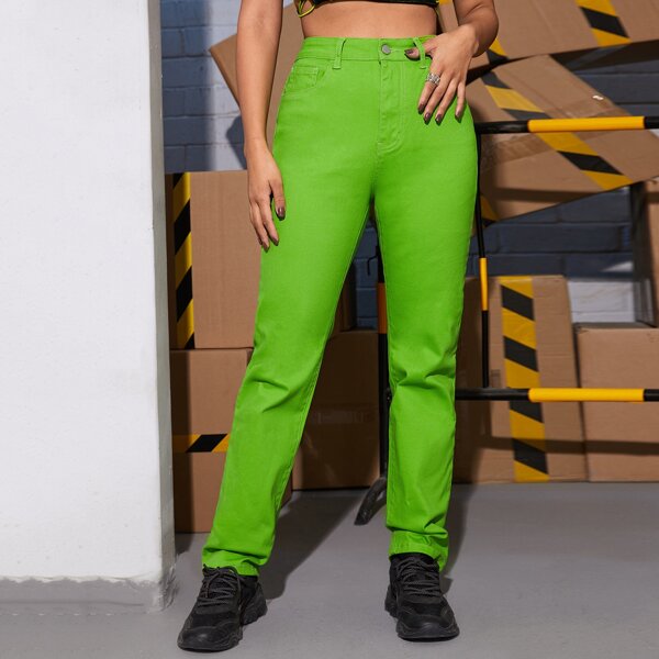 

Straight Leg Solid Pants, Lime green